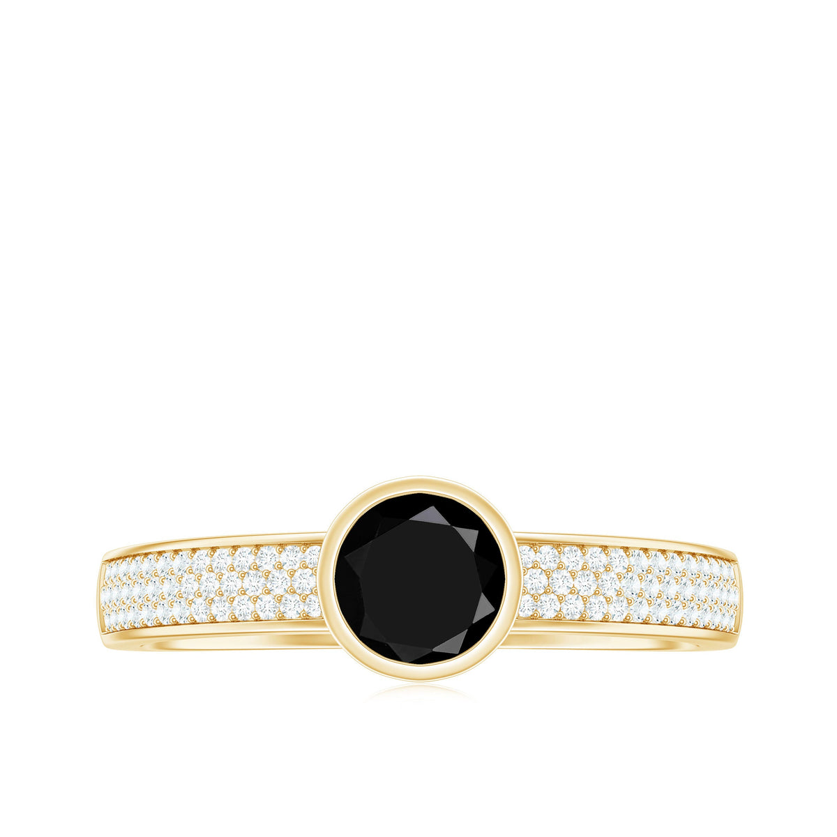 Natural black spinel bezel set engagement ring with diamond side stones, showcasing elegant craftsmanship and sparkling accents.