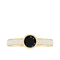 Natural black spinel bezel set engagement ring with diamond side stones, showcasing elegant craftsmanship and sparkling accents.