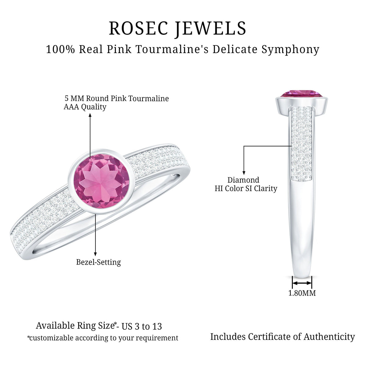 Rosec Jewels 0.75 CT solitaire pink tourmaline and diamond engagement ring with a sleek band and sparkling gemstone setting.