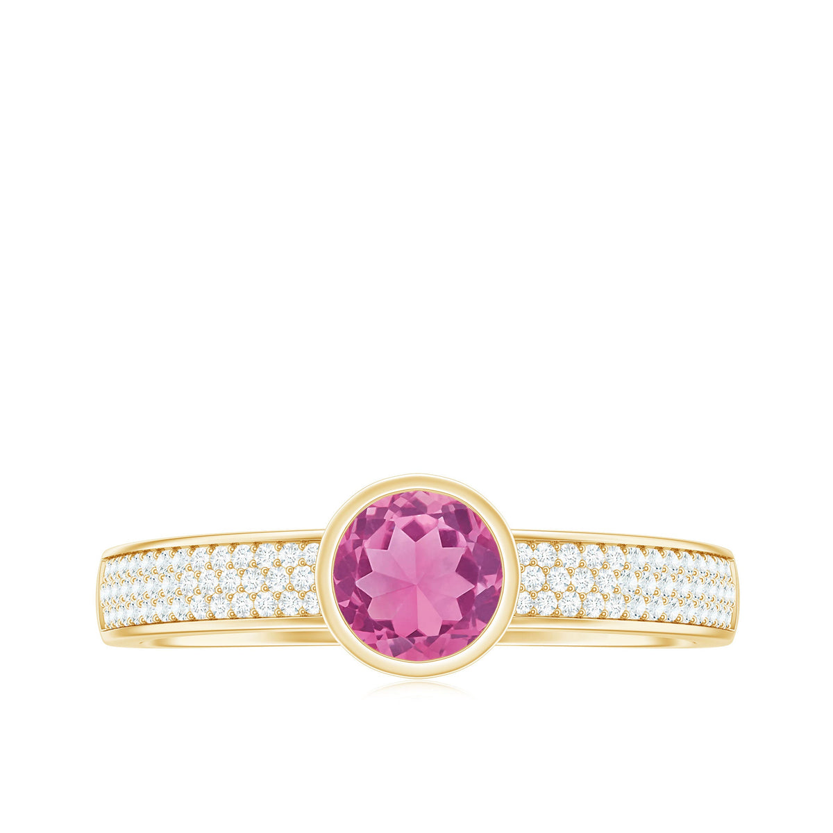 Rosec Jewels 0.75 CT solitaire pink tourmaline and diamond engagement ring showcasing a central pink gemstone with side diamonds.