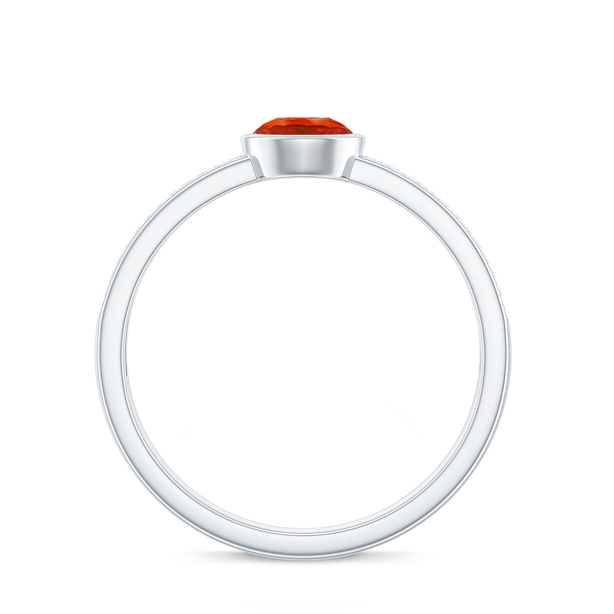 Rosec Jewels 3/4 CT round fire opal engagement ring with diamond accent, showcasing the vibrant orange gemstone and sparkling band.