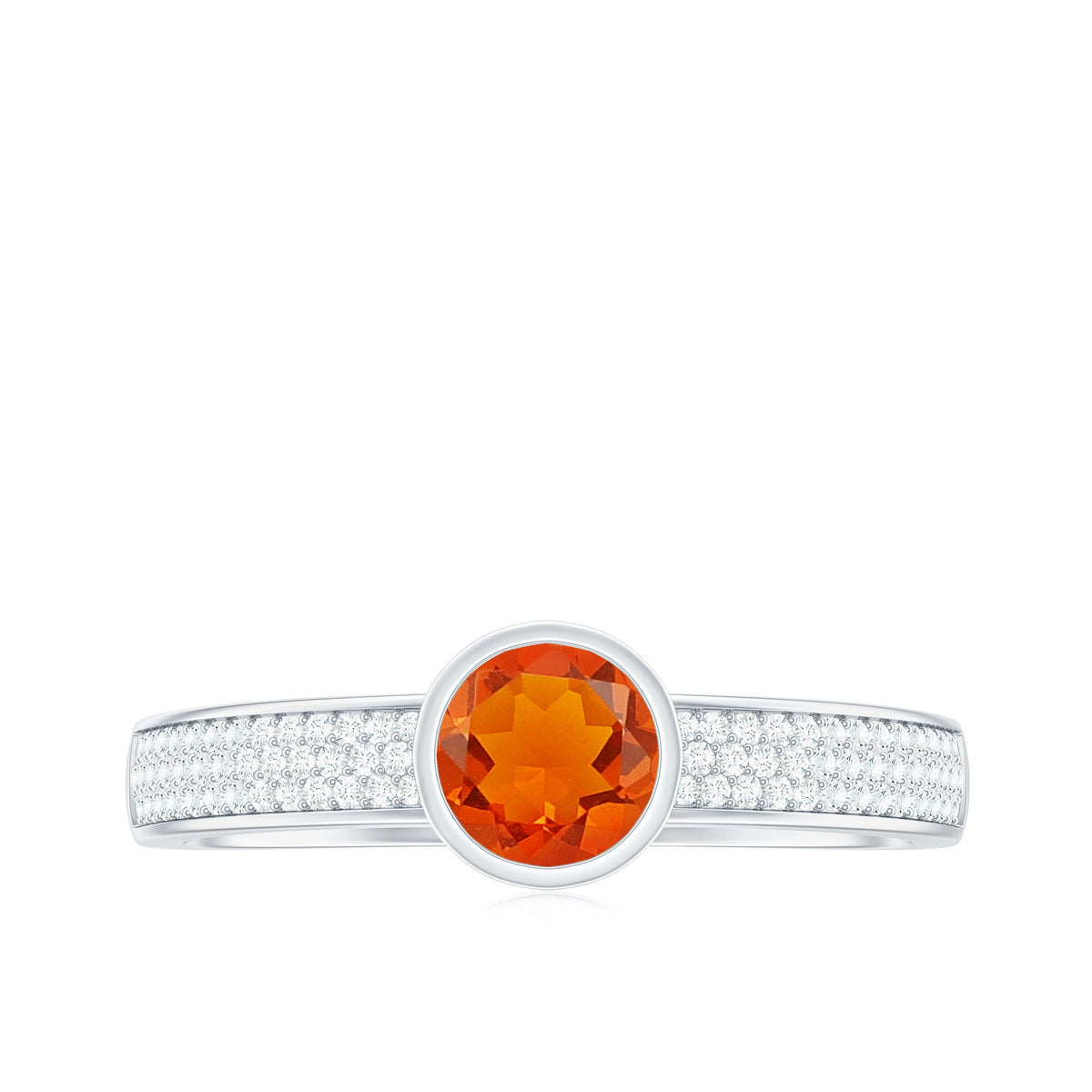 Rosec Jewels 3/4 CT round fire opal engagement ring with diamond accents, showcasing a vibrant orange gemstone and sparkling band.