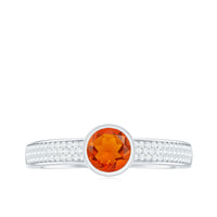Rosec Jewels 3/4 CT round fire opal engagement ring with diamond accents, showcasing a vibrant orange gemstone and sparkling band.
