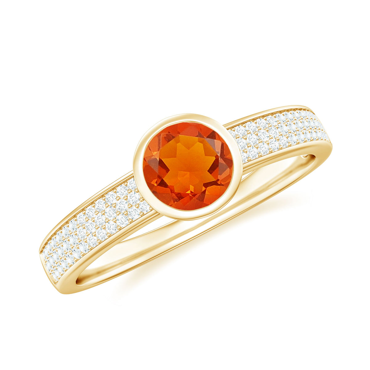 Rosec Jewels 3/4 CT round fire opal engagement ring with diamond, showcasing vibrant orange fire opal and sparkling diamond accents.
