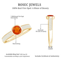 Rosec Jewels 3/4 CT round fire opal engagement ring with diamond accents, showcasing a vibrant orange gemstone and sparkling band.