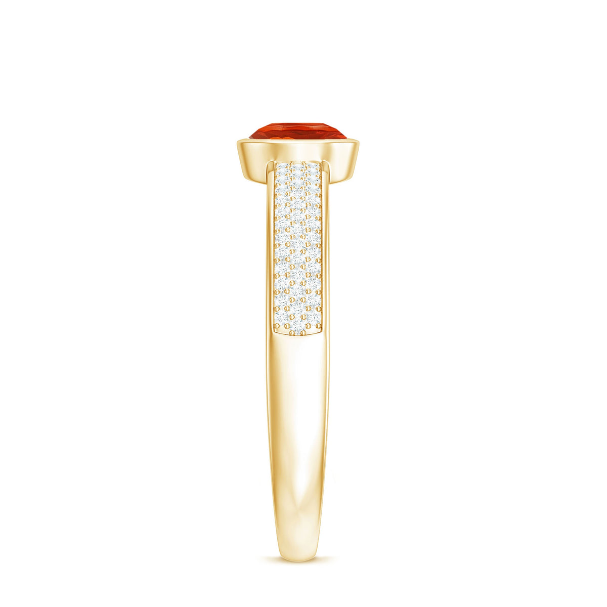 Rosec Jewels 3/4 CT round fire opal engagement ring with diamond accents, showcasing a sparkling gemstone and elegant band.