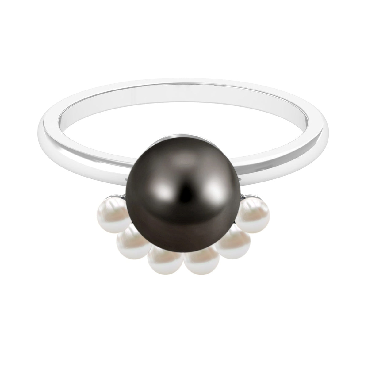 Black and white pearl half halo engagement ring by Rosec Jewels featuring an 8-carat designer ring with elegant detailing