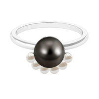 Black and white pearl half halo engagement ring by Rosec Jewels featuring an 8-carat designer ring with elegant detailing