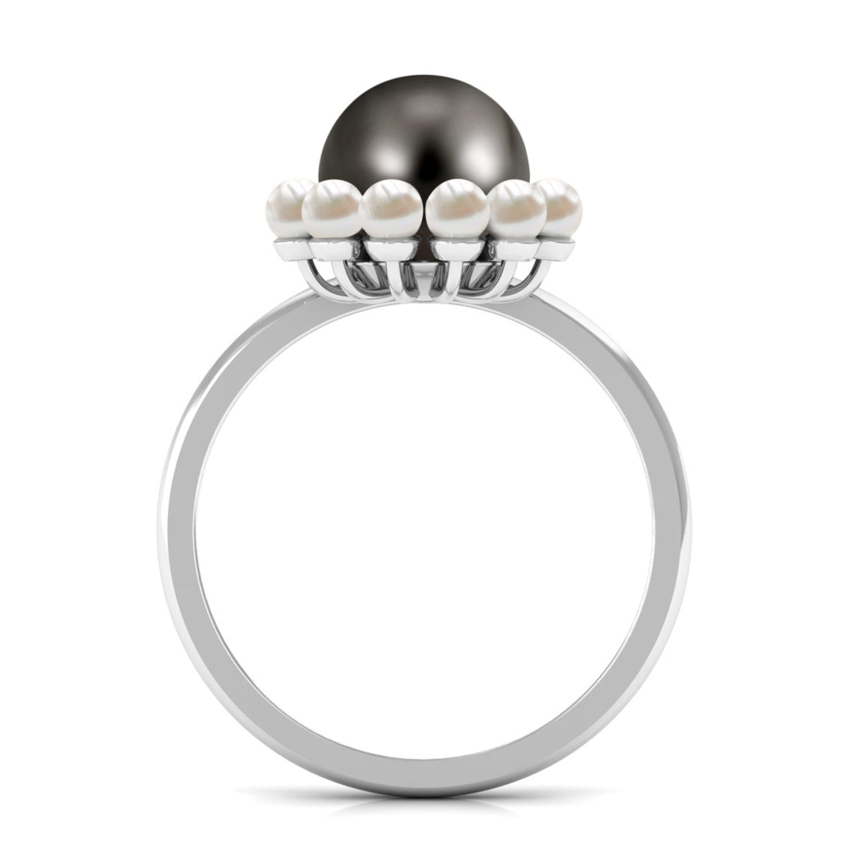 Rosec Jewels 8 Carat black and white pearl half halo engagement ring, featuring a sleek ring design with contrasting pearls.