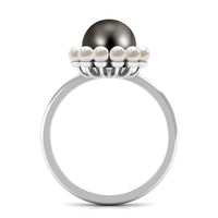 Rosec Jewels 8 Carat black and white pearl half halo engagement ring, featuring a sleek ring design with contrasting pearls.