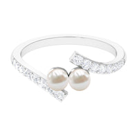Freshwater Pearl 2 Stone Engagement Ring Diamond Bypass Shank
