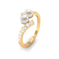 Freshwater Pearl 2 Stone Engagement Ring Diamond Bypass Shank