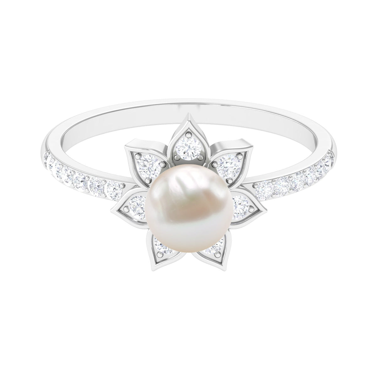 Freshwater pearl solitaire floral engagement ring with diamond from Rosec Jewels, featuring a delicate pearl and sparkling diamond setting.