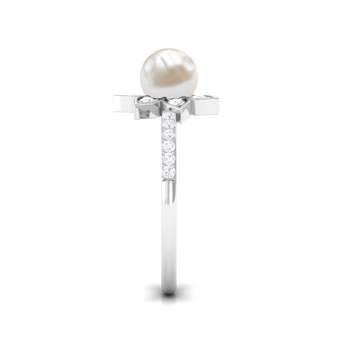 Rosec Jewels freshwater pearl solitaire floral engagement ring with diamond, featuring a delicate pearl and intricate floral design.