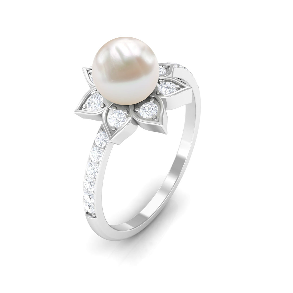 Freshwater pearl solitaire floral engagement ring with diamond from Rosec Jewels, showcasing a delicate pearl and intricate floral design.