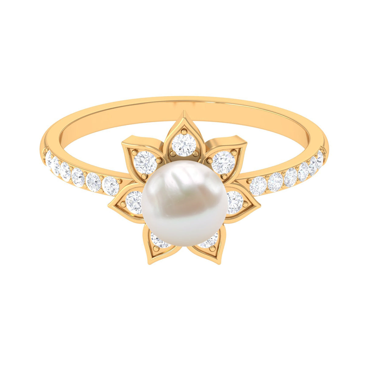 Rosec Jewels freshwater pearl solitaire floral engagement ring with diamond, featuring a delicate pearl and intricate floral design.
