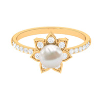 Rosec Jewels freshwater pearl solitaire floral engagement ring with diamond, featuring a delicate pearl and intricate floral design.
