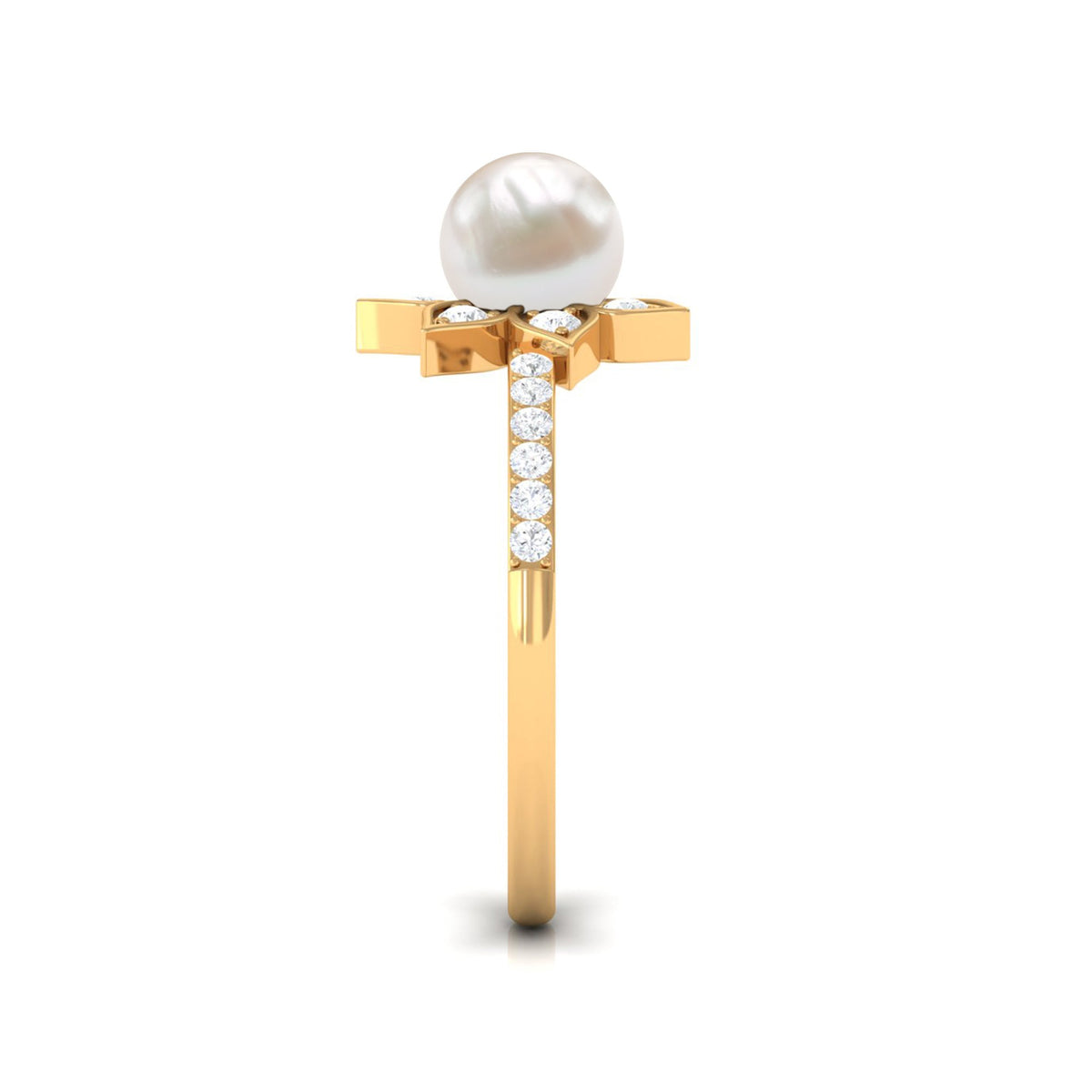 Rosec Jewels freshwater pearl solitaire floral engagement ring with diamond, featuring a delicate pearl centerpiece and intricate floral design.
