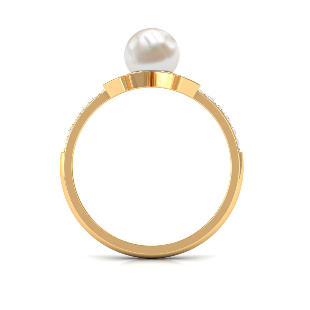 Freshwater pearl solitaire floral engagement ring with diamond, featuring a rosec Jewels design, displayed on a white background.