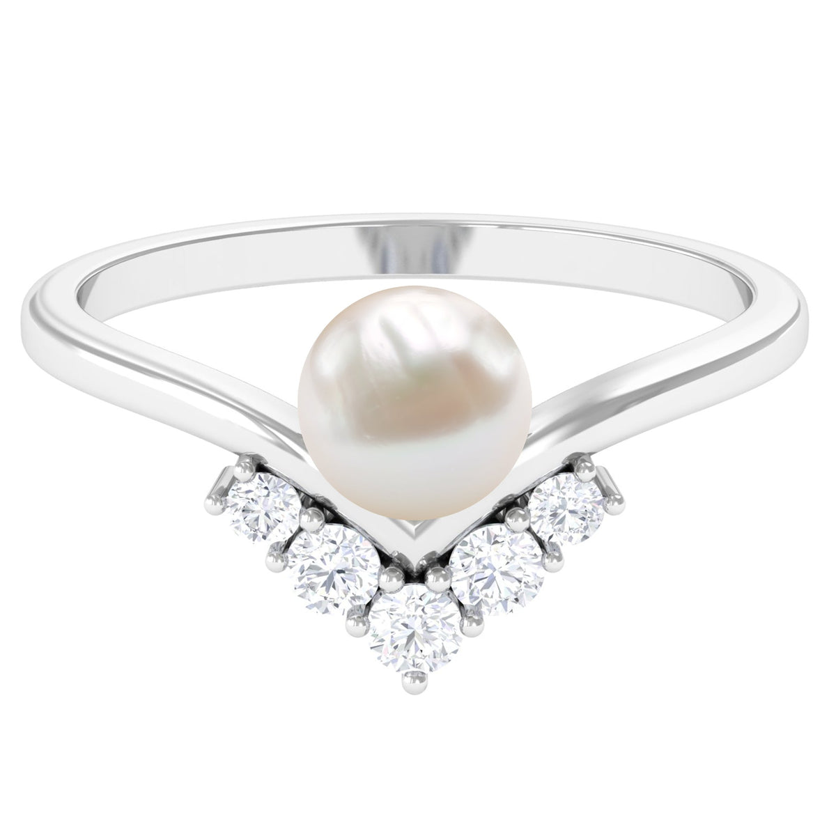 Cultured 2 Carat freshwater pearl chevron engagement ring with diamond accents by Rosec Jewels, showcasing elegant design.