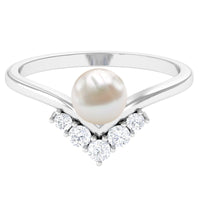 Cultured 2 Carat freshwater pearl chevron engagement ring with diamond accents by Rosec Jewels, showcasing elegant design.