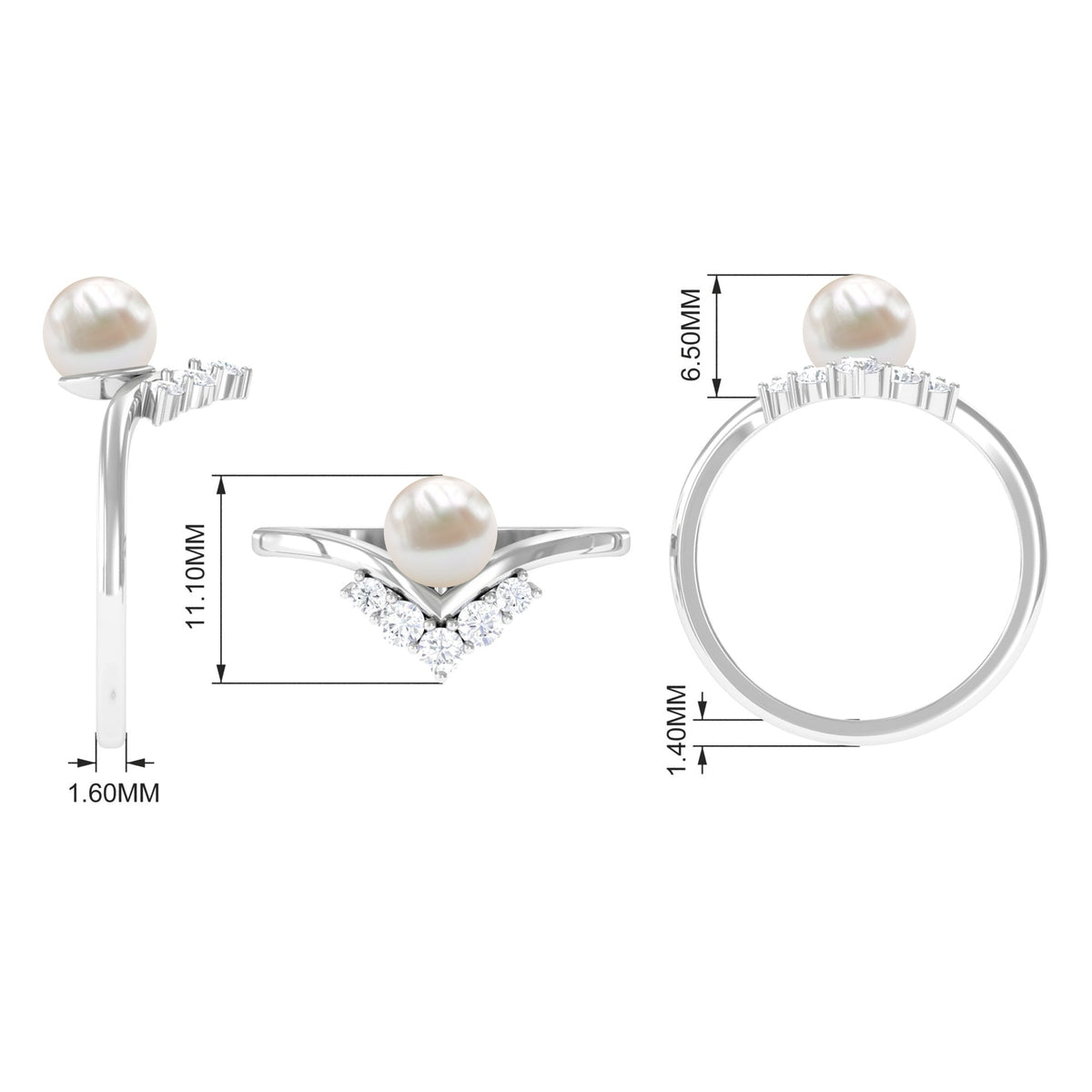 Rosec Jewels cultured 2-carat freshwater pearl chevron engagement ring with diamond accents, showcasing elegant jewelry design.