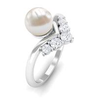 Two-carat freshwater pearl chevron engagement ring with diamond accents from Rosec Jewels, featuring elegant pearl and sparkling diamond details.