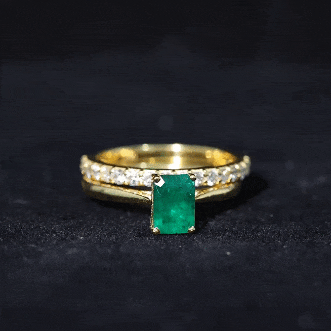 Yellow gold lab-grown emerald engagement ring with ring guard, 1.6 carats, by Rosec Jewels, showcasing a sparkling emerald centerpiece.