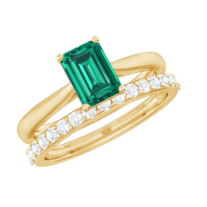 Certified 1.6 carat lab-grown emerald engagement ring with ring guard by Rosec Jewels, featuring a vibrant green gemstone and elegant design.