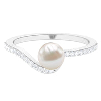 Cultured 2 Carat White Pearl engagement ring with diamond bypass shank by Rosec Jewels, featuring a elegant pearl centerpiece and sparkling diamonds.