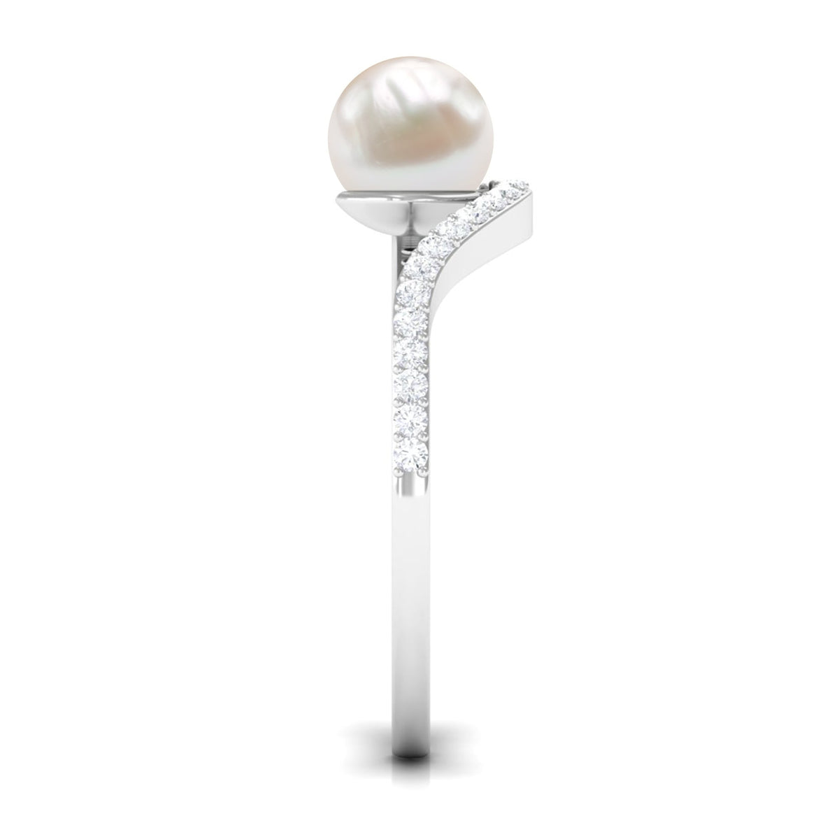 Cultured 2 Carat white pearl engagement ring with diamond bypass shank from Rosec Jewels, showcasing elegant design and sparkling accents.