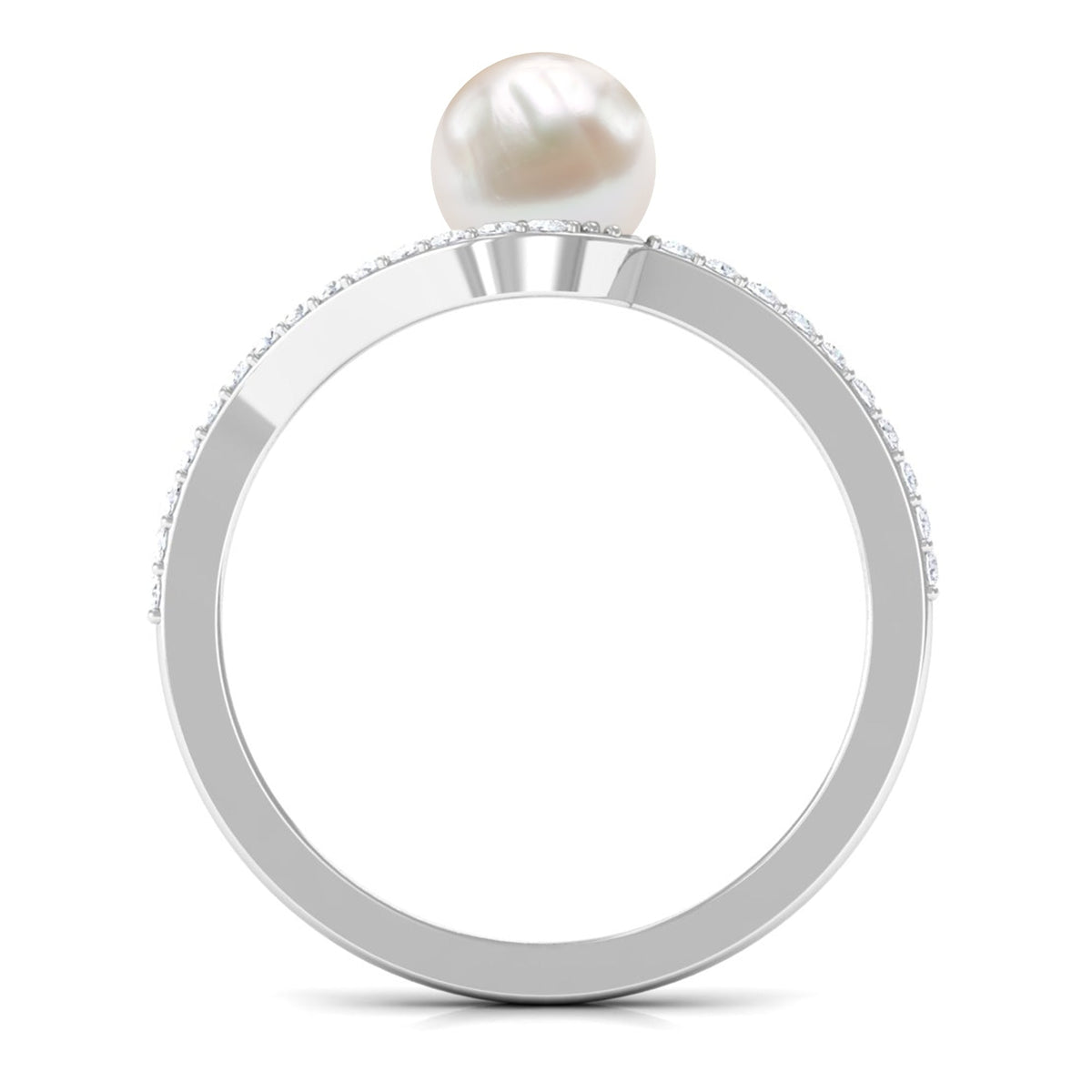 Cultured 2-carat white pearl engagement ring with diamond bypass shank from Rosec Jewels, showcasing elegant design and sparkling diamonds.
