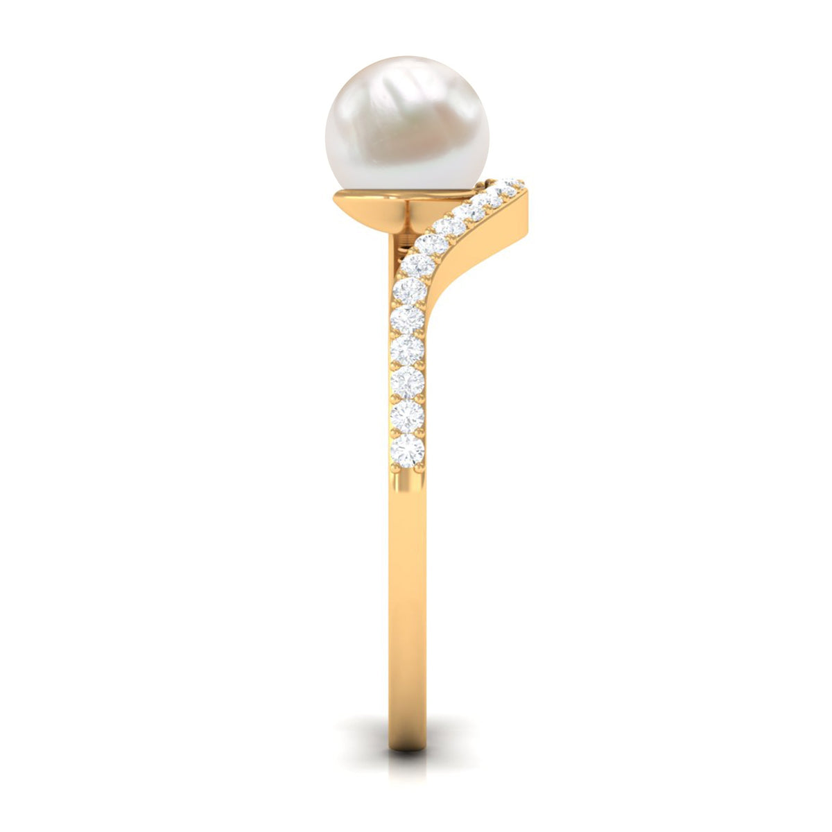 Cultured 2 Carat white pearl engagement ring with diamond bypass shank, featuring elegant gold band and intricate detailing.