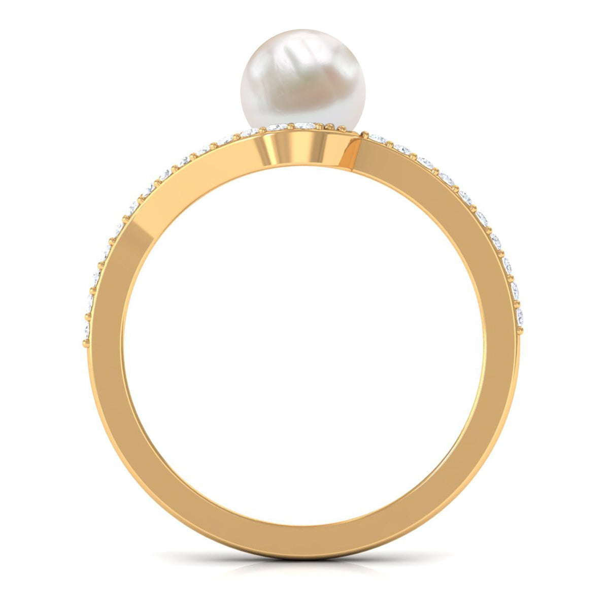 Cultured 2 Carat white pearl engagement ring with diamond bypass shank by Rosec Jewels featuring elegant design.