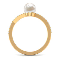 Cultured 2 Carat white pearl engagement ring with diamond bypass shank by Rosec Jewels featuring elegant design.