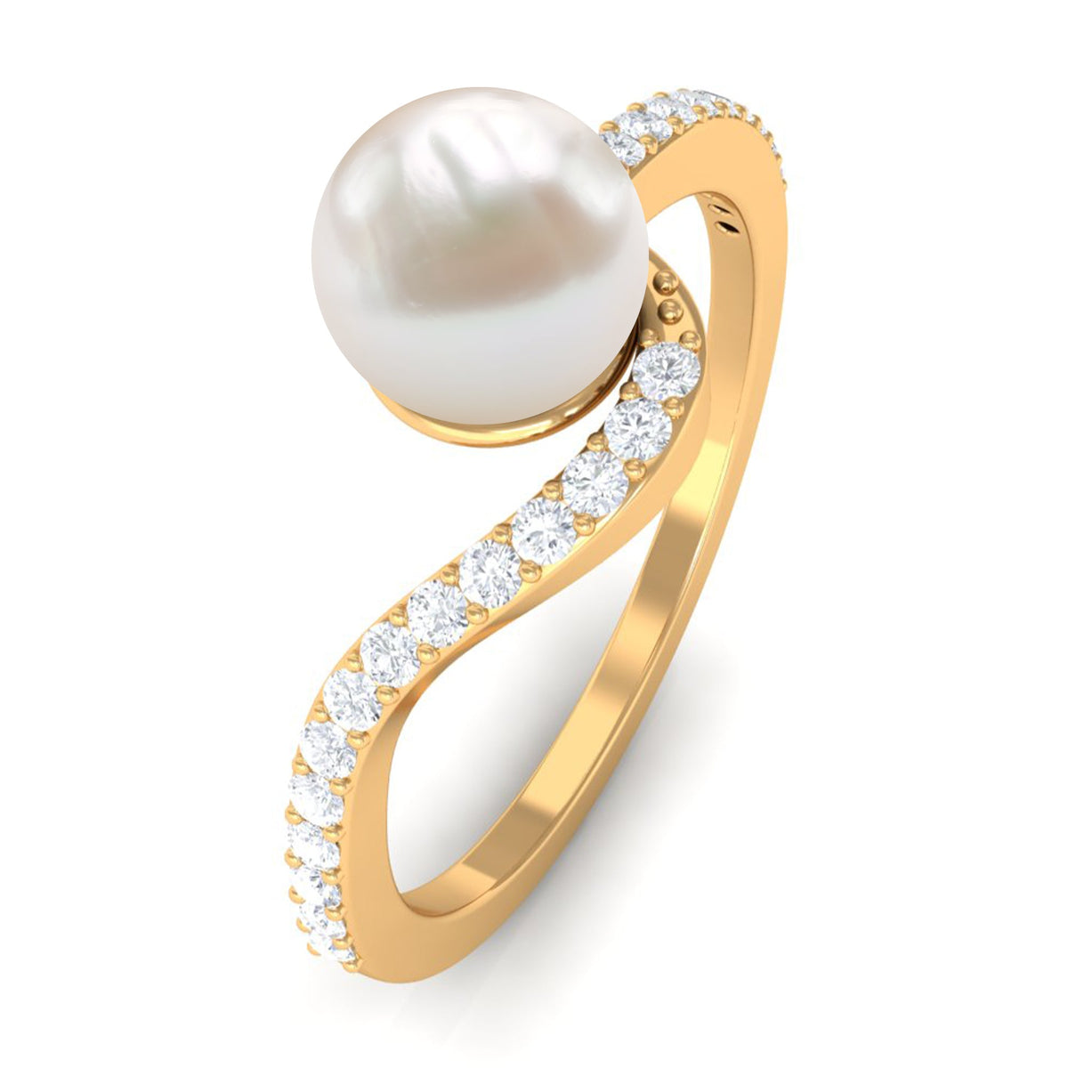 Cultured 2 Carat White Pearl engagement ring with diamond bypass shank by Rosec Jewels, featuring a elegant band and sparkling accents.
