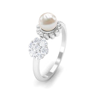 Natural 2 Carat Freshwater Pearl Diamond Flower Cuff Ring