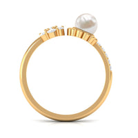 Natural 2 Carat Freshwater Pearl Diamond Flower Cuff Ring