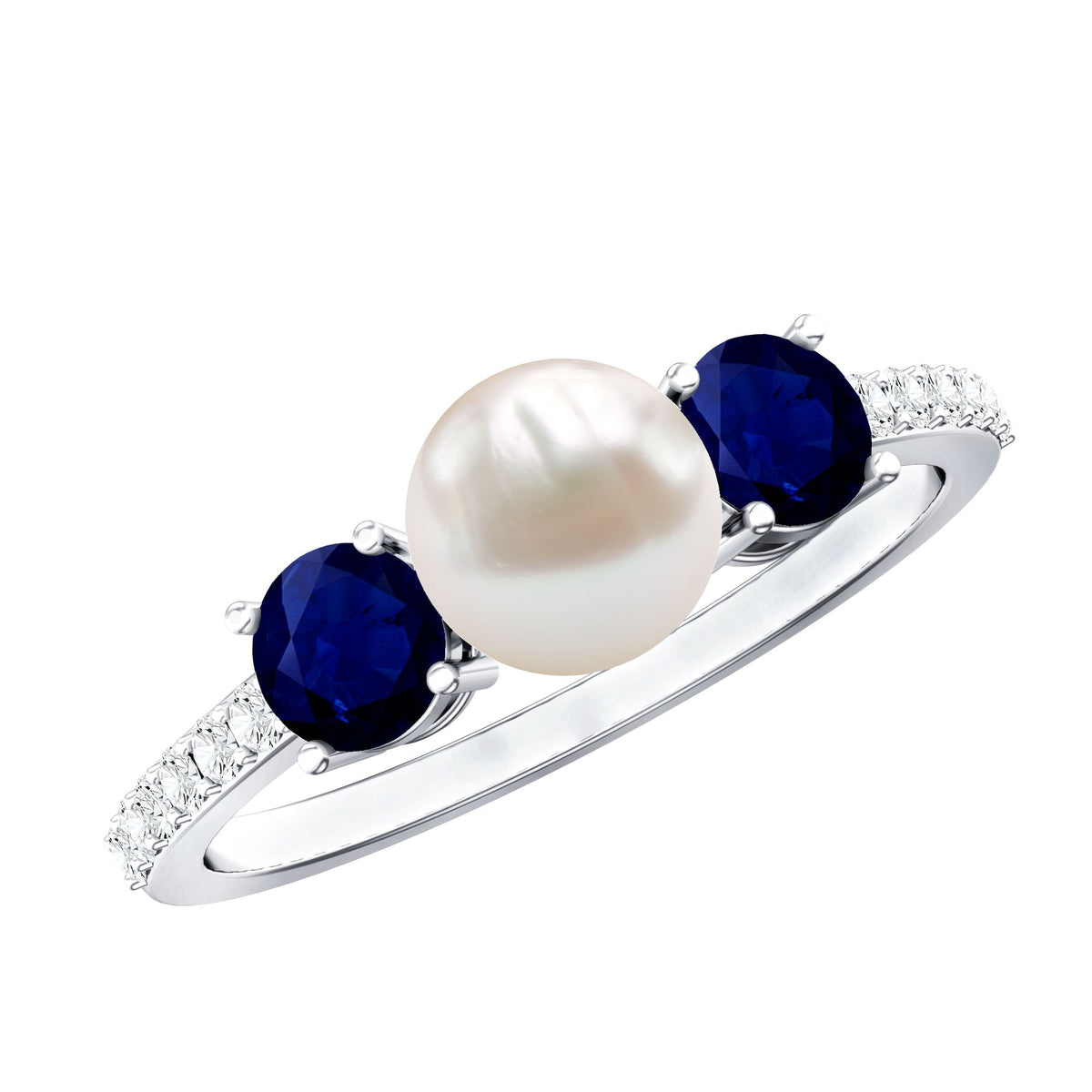 Natural freshwater pearl and blue sapphire 3-stone engagement ring with diamonds by Rosec Jewels, showcasing elegant gemstone details.