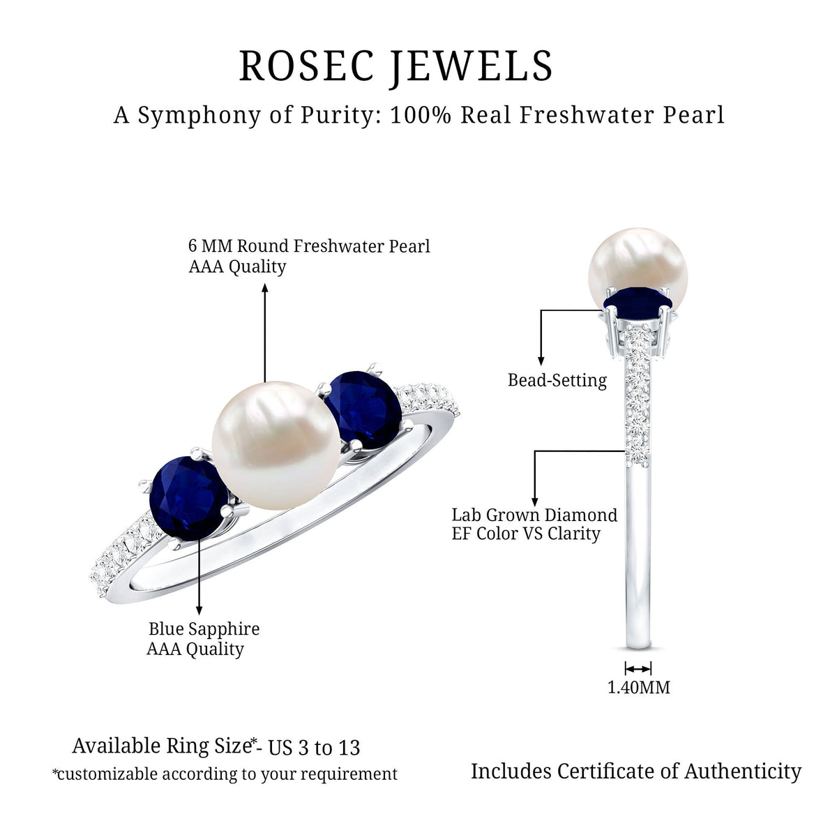 Elegant freshwater pearl and blue sapphire 3-stone engagement ring by Rosec Jewels featuring sparkling diamonds.