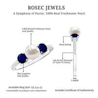 Elegant freshwater pearl and blue sapphire 3-stone engagement ring by Rosec Jewels featuring sparkling diamonds.