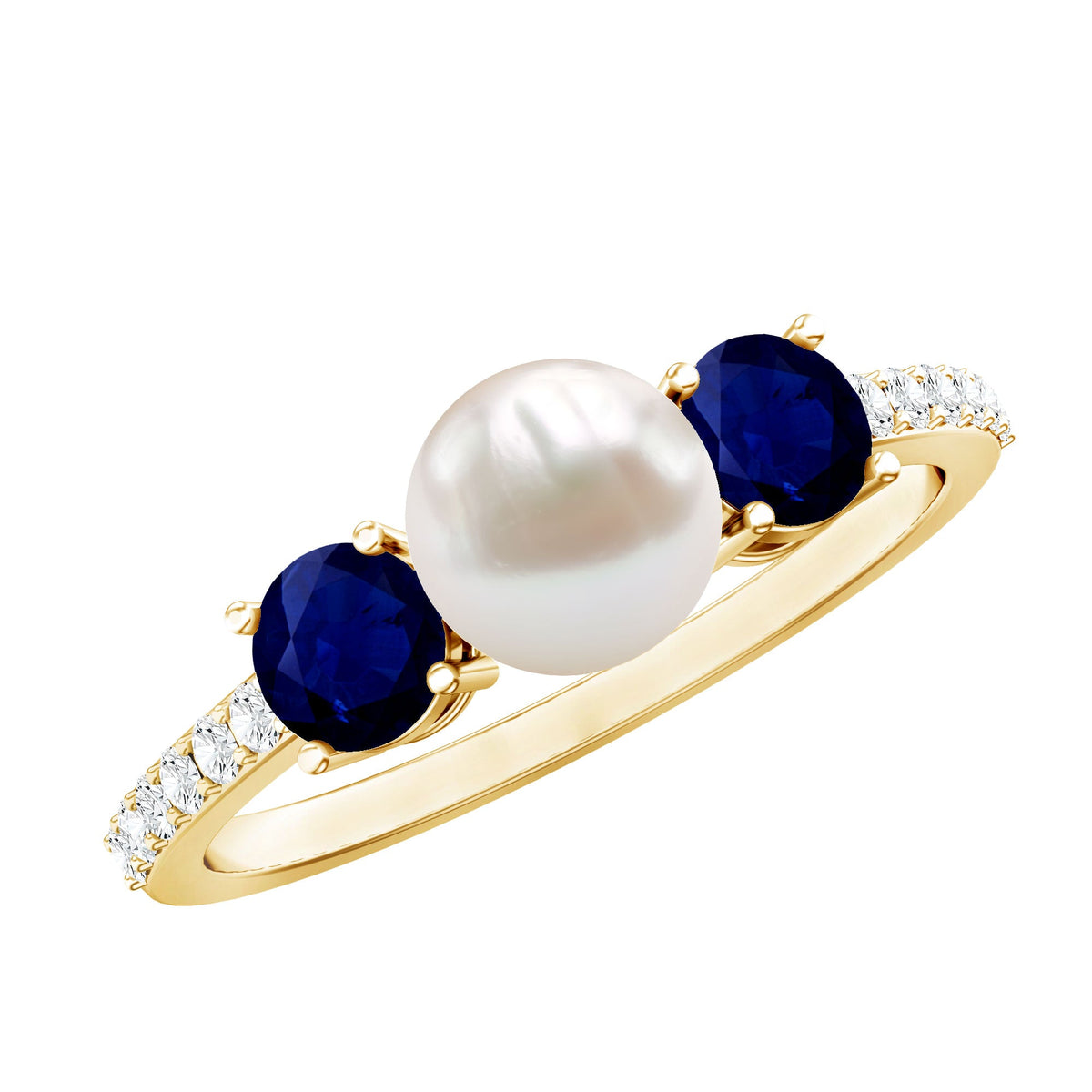 Natural freshwater pearl and blue sapphire 3-stone engagement ring with diamonds from Rosec Jewels, featuring elegant craftsmanship.