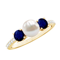 Natural freshwater pearl and blue sapphire 3-stone engagement ring with diamonds from Rosec Jewels, featuring elegant craftsmanship.