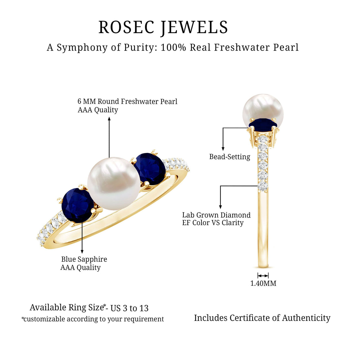Natural freshwater pearl and blue sapphire 3-stone engagement ring with diamond accents by Rosec Jewels, showcasing elegant design and craftsmanship.