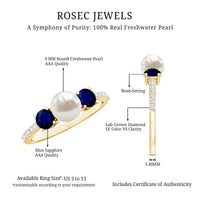 Natural freshwater pearl and blue sapphire 3-stone engagement ring with diamond accents by Rosec Jewels, showcasing elegant design and craftsmanship.