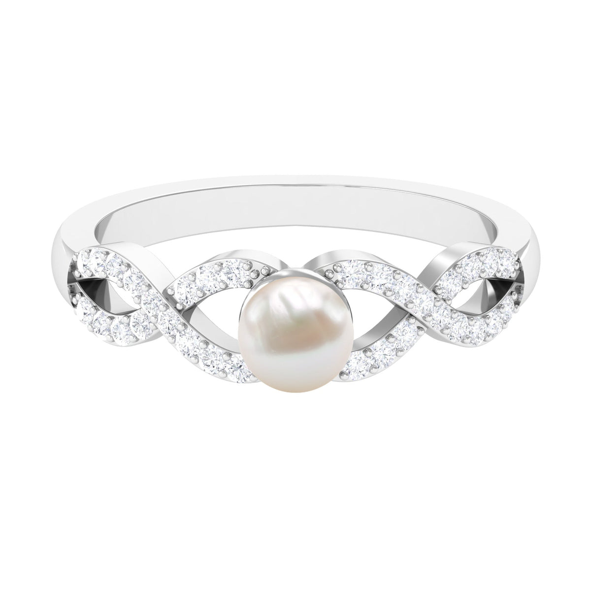 Rosec Jewels 2 Carat freshwater pearl crossover engagement ring with diamond accents, showcasing elegant pearl and sparkling stones.