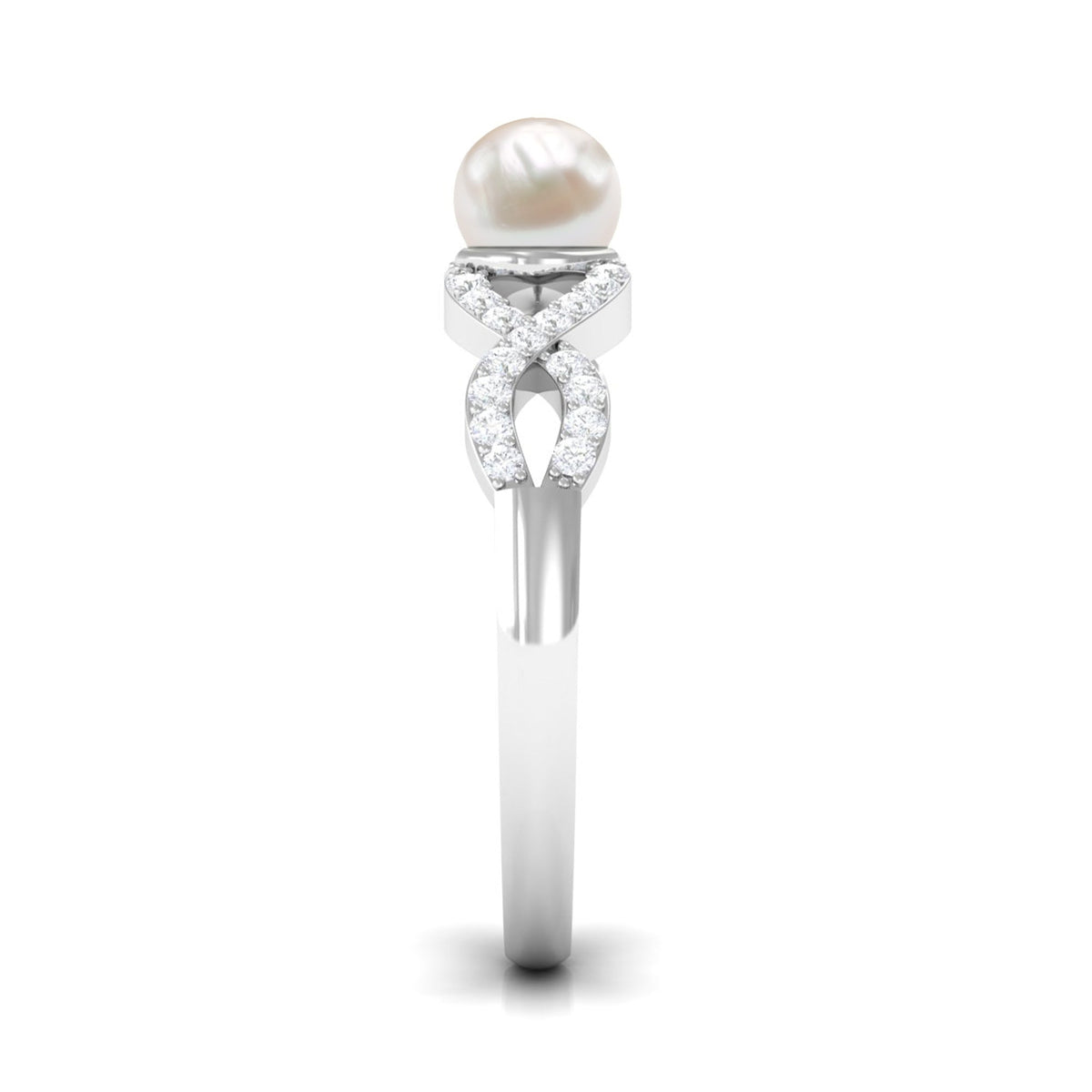 Two-carat freshwater pearl crossover engagement ring with diamonds by Rosec Jewels, featuring elegant pearl and diamond accents.