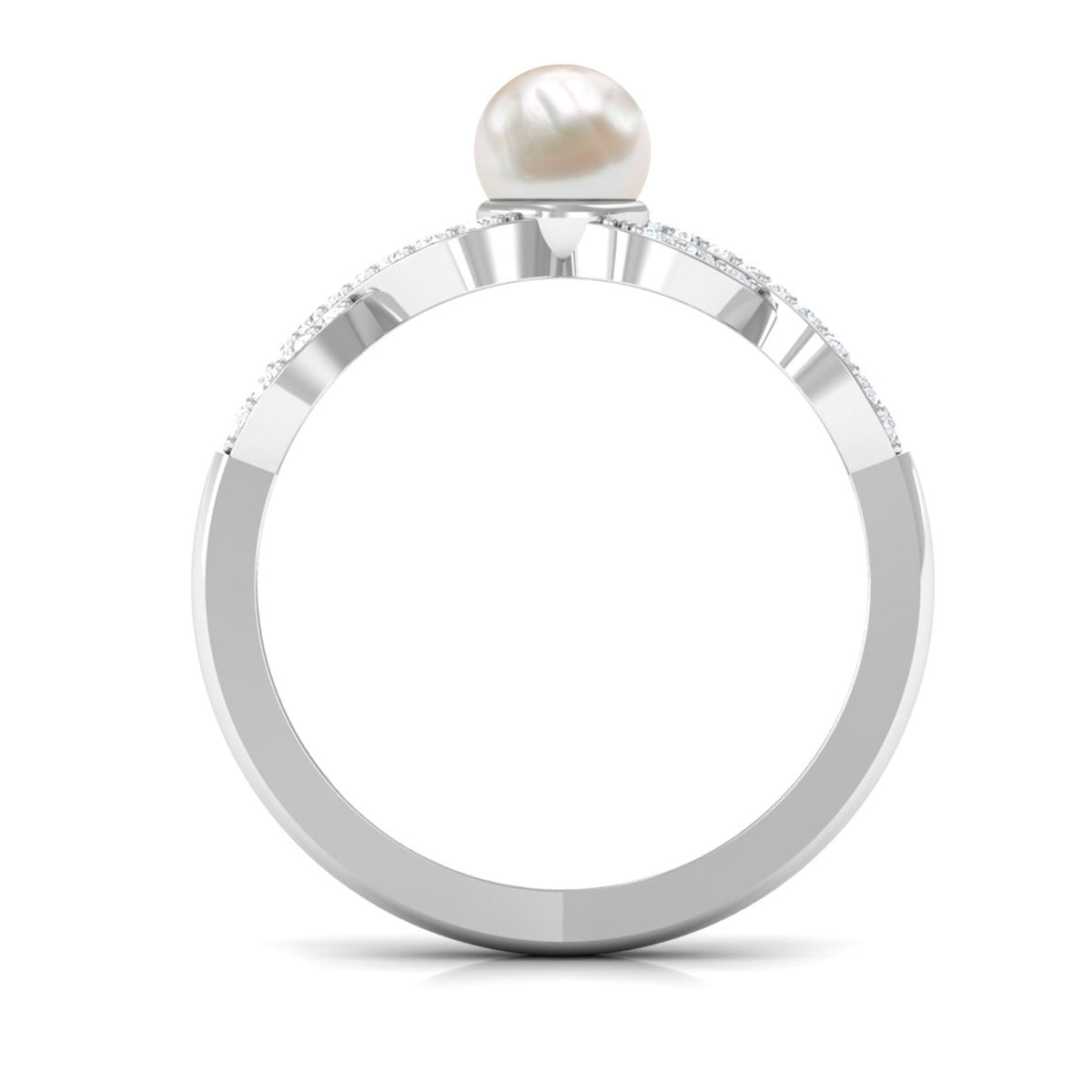Two-carat freshwater pearl crossover engagement ring with diamonds by Rosec Jewels, featuring elegant white pearls and sparkling accents.