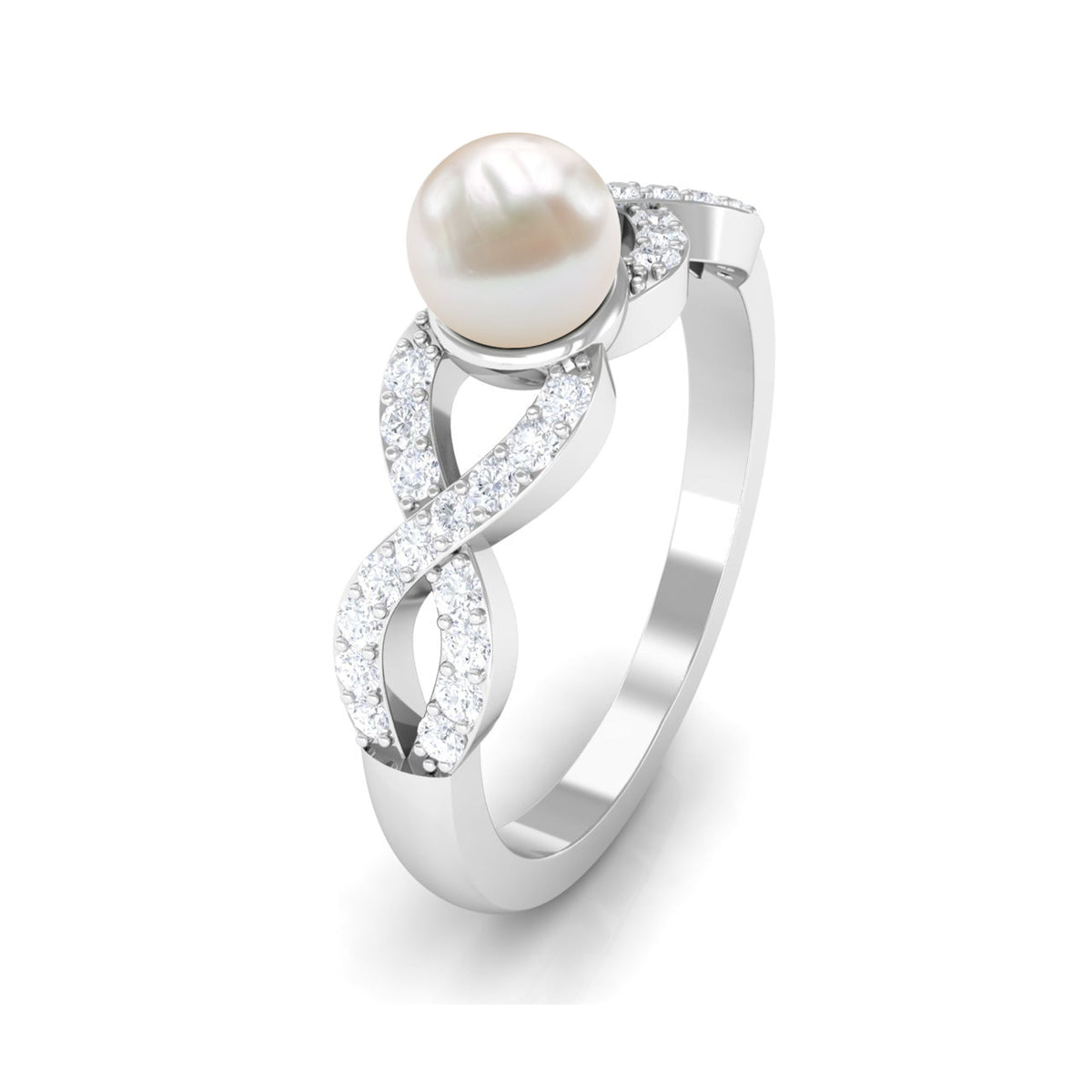 Rosec Jewels 2 Carat freshwater pearl crossover engagement ring with diamond accents, showcasing elegant design and sparkling gemstones.