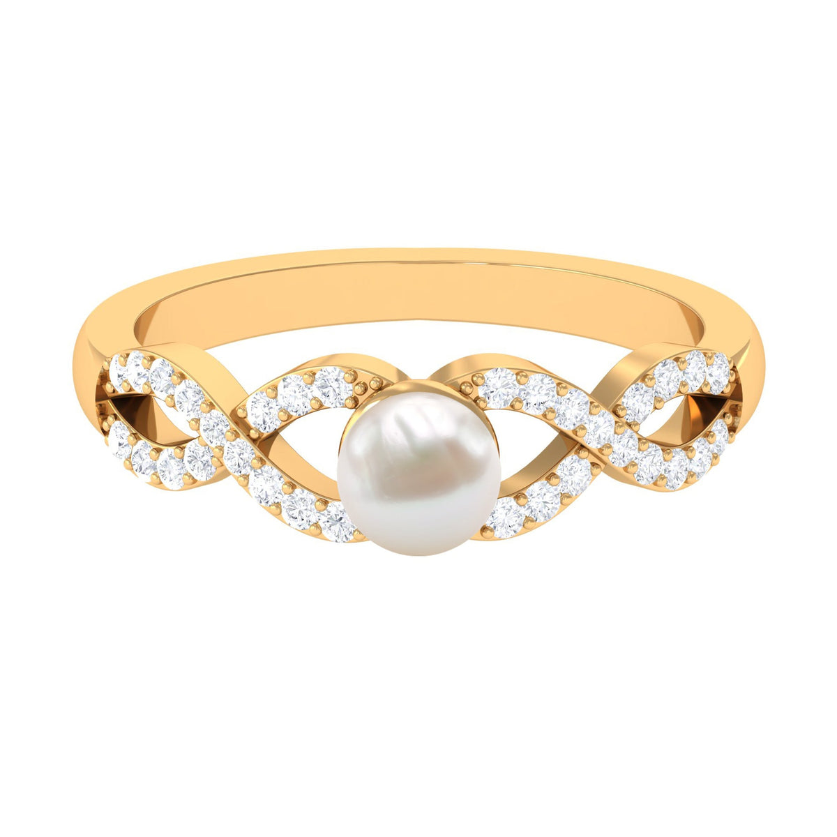 Rosec Jewels 2 Carat freshwater pearl and diamond crossover engagement ring, showcasing elegant pearls and sparkling diamonds.